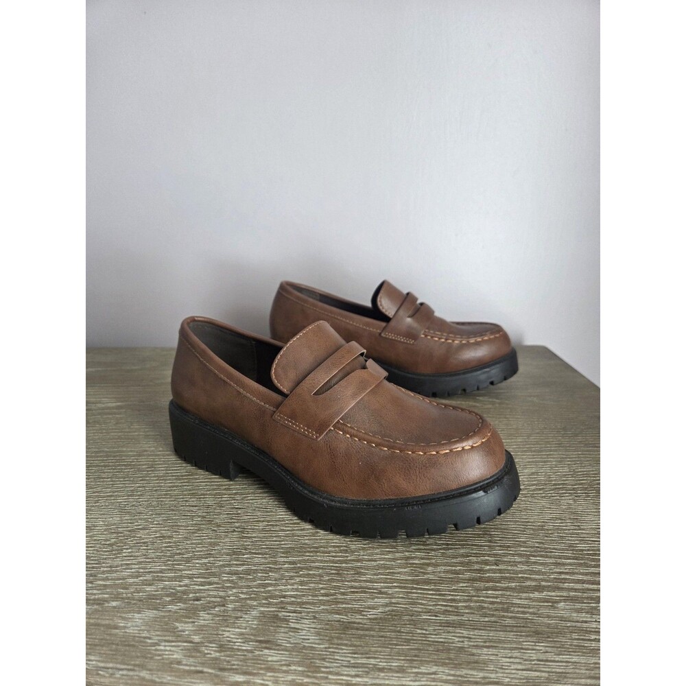 Y2K Chunky Loafers Sz 8.5 Brown‎ Vegan Leather Block Heel Preppy Grunge Academia